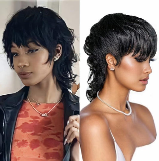 Msviki Mullet Full Machine Made Human Hair Wigs For Women Glueless Pixiecut Curly Wigs With Bangs Body Wave Brazilian 100% Virgin Human Hair Wig Dovetail Wear And Go Human Hair Wigs 180% Density