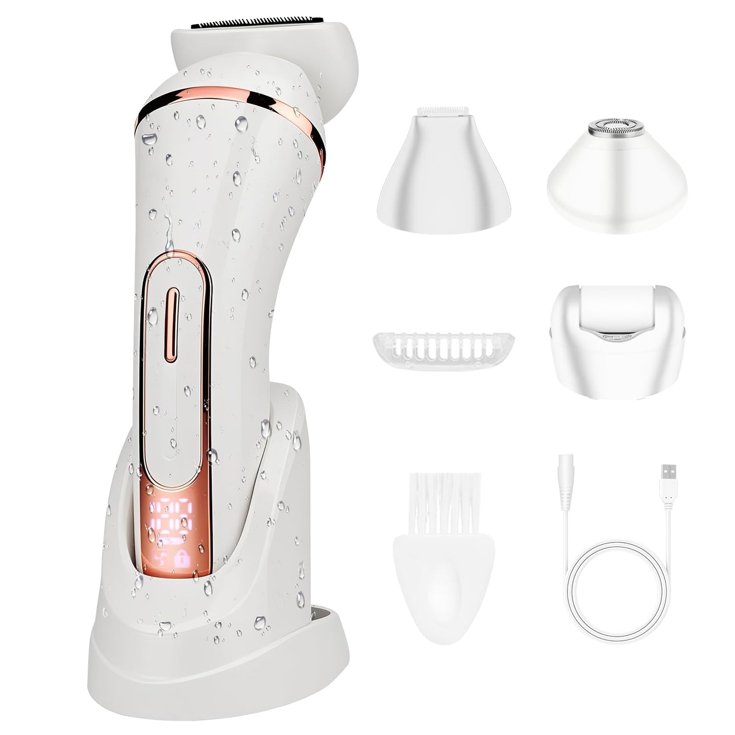 Electric Shavers for Women, 4 in 1 Hair Removal Kit with Epilator Bikini Trimmer Face Razor Body Brush Face Massager Foot Callus Remover, IPX7 Waterproof Lady Razors Set for Legs Armpit Bikini Pubic
