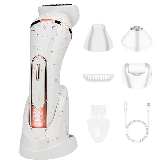 Electric Shavers for Women, 4 in 1 Hair Removal Kit with Epilator Bikini Trimmer Face Razor Body Brush Face Massager Foot Callus Remover, IPX7 Waterproof Lady Razors Set for Legs Armpit Bikini Pubic