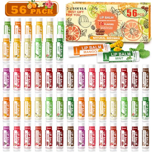 Yopela 56 Pack Natural Lip Balm in Bulk with Vitamin E and Coconut Oil - Moisturizing, Soothing, and Repairing Dry and Chapped Lips - 14 Flavors - Non-GMO Valentine's Gift