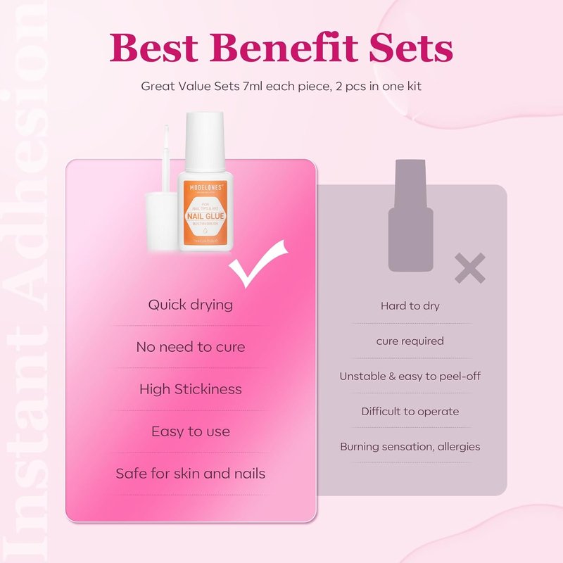 Modelones Nail Glue - Strong Brush-On Adhesive for Press-On Nails | 2pcs, 14ml, Long-Lasting Formula