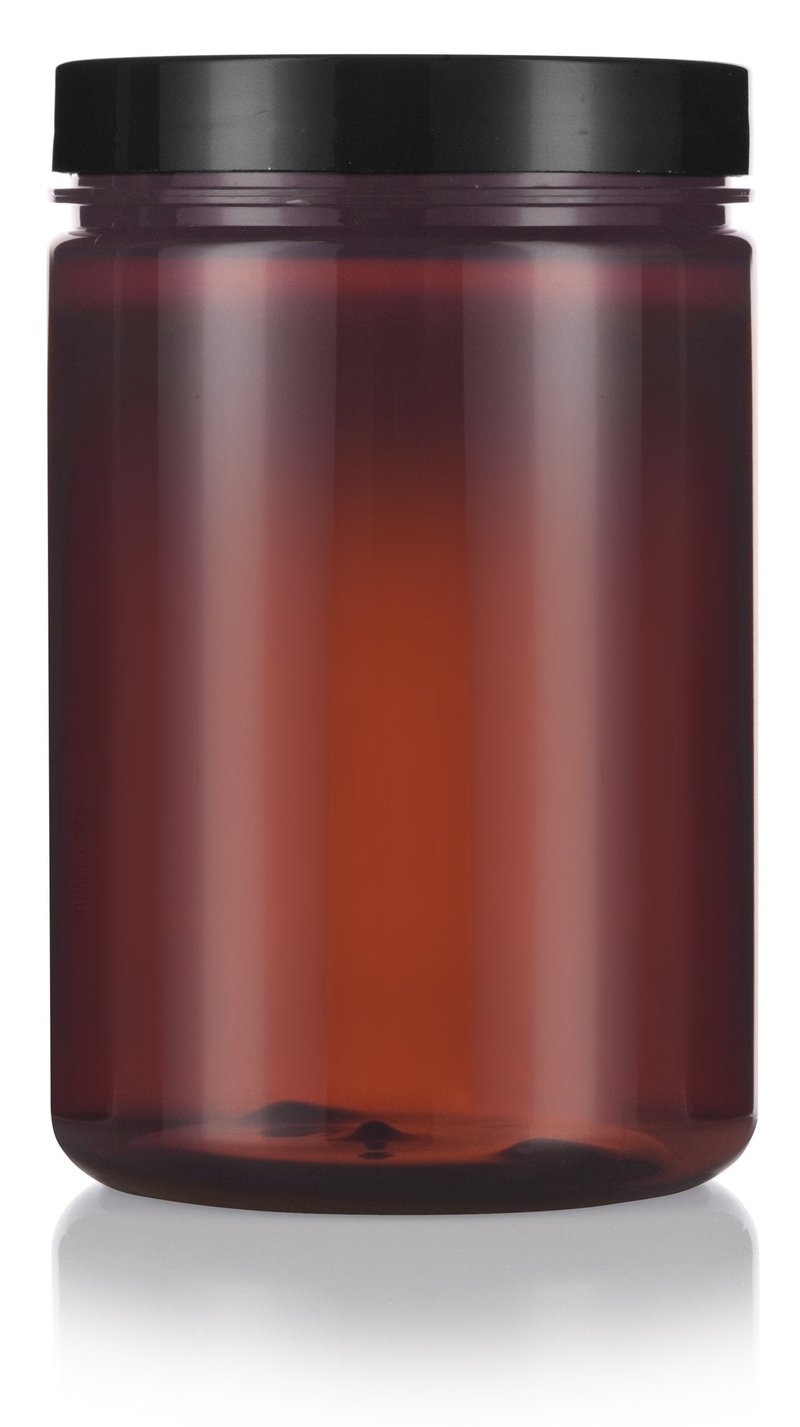 (6 pack) 25 oz Amber PET Plastic Refillable Jar with Black Smooth Foam Lined Lid
