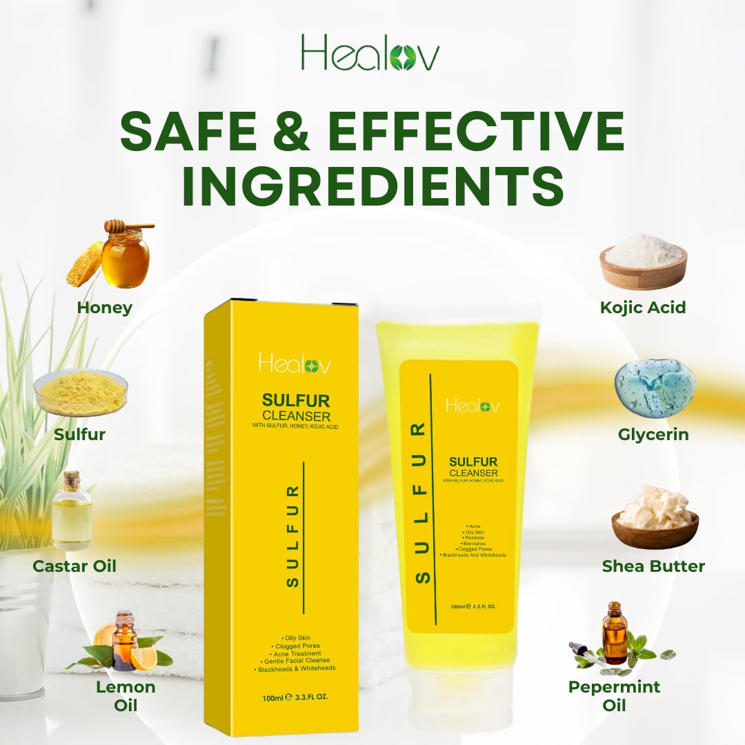 Healov Sulfur Soap – Sulfur Face & Body Wash for Acne – Sulphur Exfoliating Facial Cleanser Absorbs Excess Oil, Reduces Breakouts, & Cleanses Skin – Natural Cystic Acne, Rosacea Skin Care Treatment