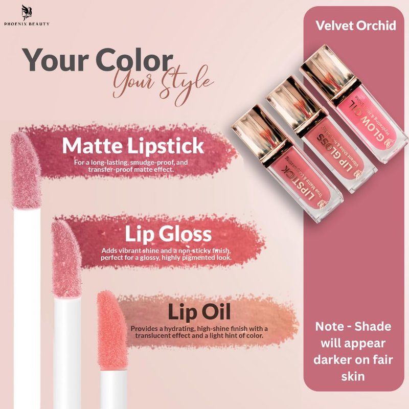 Mauve Matte Lip Trio - Smudge-Resistant Lipstick, Gloss & Oil | Hydrating Vegan Gift Set with Jojoba & Vitamin E