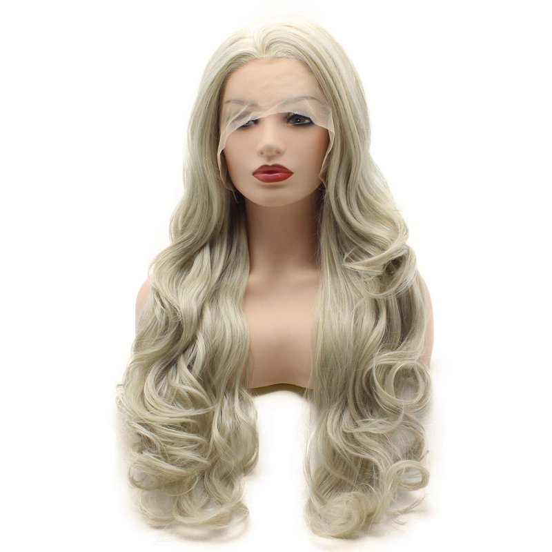 Meiyite Hair Wavy Long 26inch Two Tone White Blonde Mix Heat Resistant Heavy Density Realistic Synthetic Lace Front Wig
