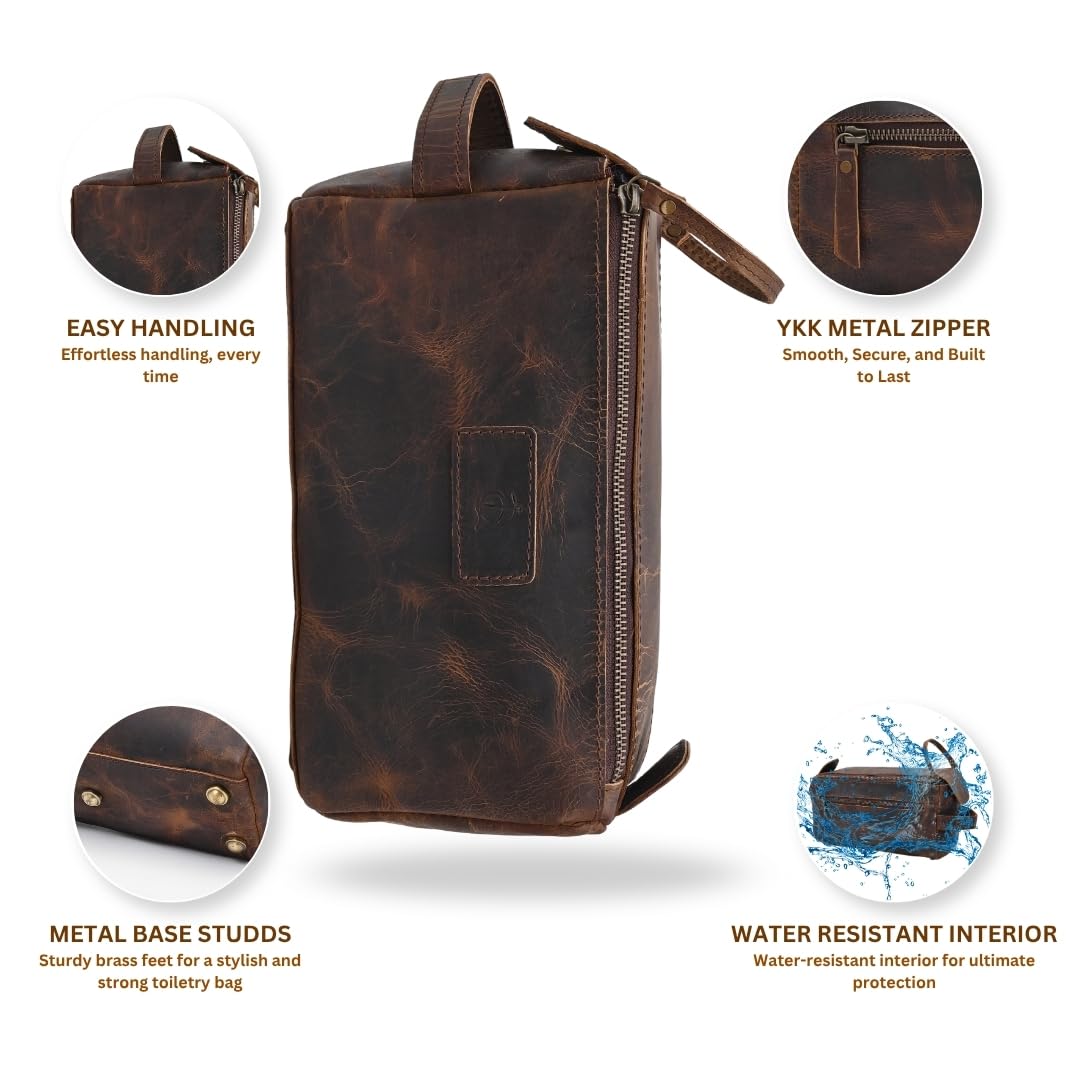 Autentico Leather Toiletry Bag for Men Travel Essentials Shaving Dopp Kit Buffalo Leather, Handmade Vintage Distressed Waterproof Grooming Organizer Cosmetic Case Unisex Use, Brown