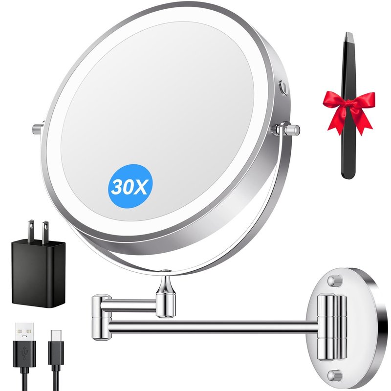 5000mAh Rechargeable Wall Mounted Lighted Makeup Mirror, 9'' 30X/1X Double-Sided Magnifying Mirror with Light, Bathroom Mirror Touch Dimmable 3 Colors 360° Rotation Extended Arm, Power Adapter