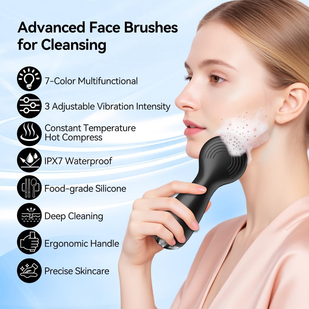 Electric Facial Cleansing Brush - Rechargeable Waterproof Exfoliator with Heat & Vibration | Deep Clean & Massage (Black)