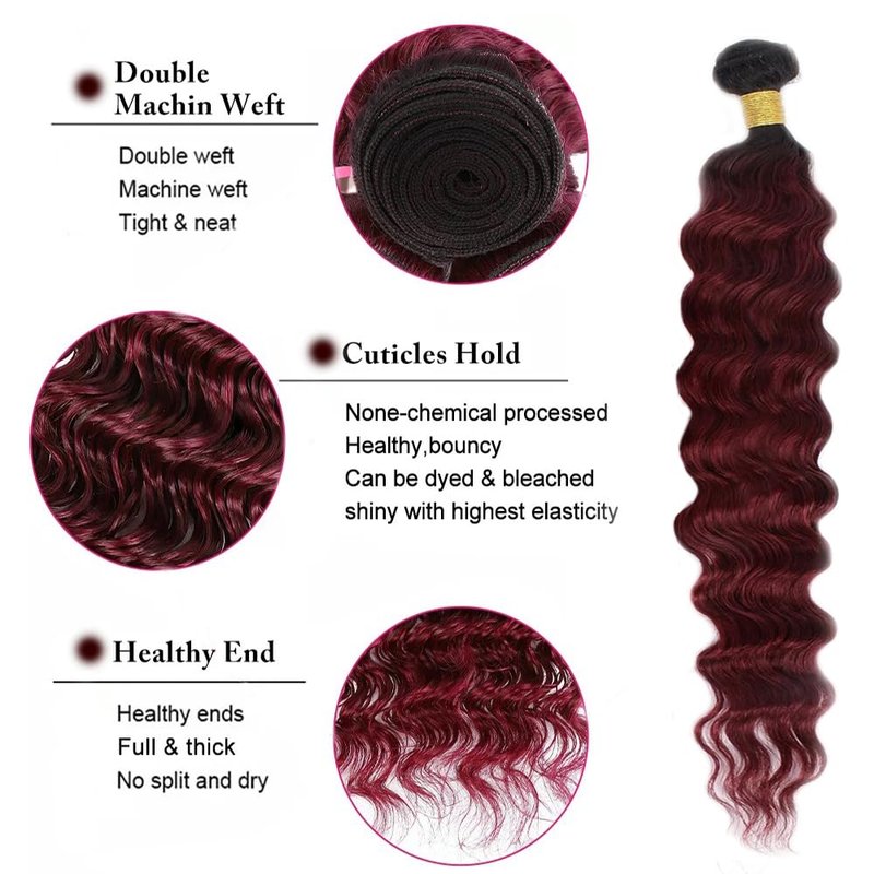 Ombre Burgundy Bundles Human Hair 1B99J Burgundy Deep Curly Bundle 12 14 16 Inch Ombre Loose Deep Wave Human Hair Bundles Unprocessed Brazilian Hair Extensions Double Weft