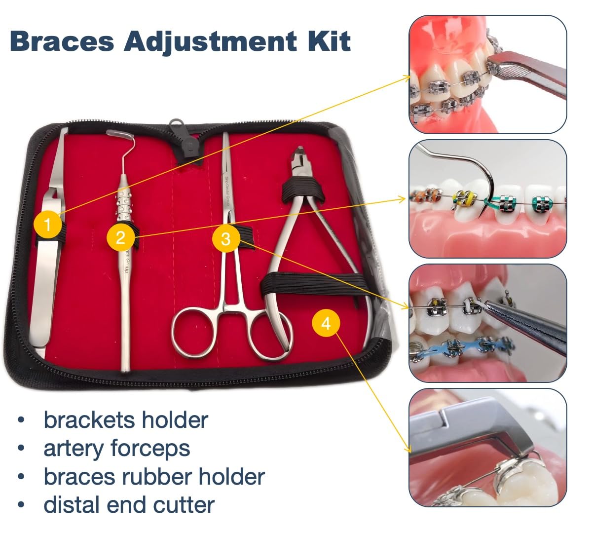 Complete DIY Braces Tool Plier Kit At Home 4PCS - Holding Brackets Change Color For Braces Ligature Ties Power Chain And Cutting Plier