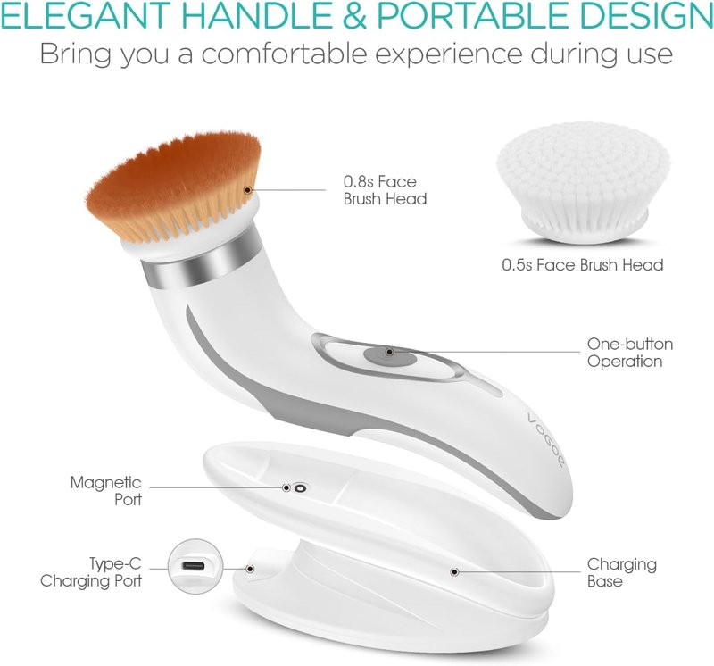 VOGOE Facial Cleansing Brush - Rechargeable Spin Exfoliator with 2 Brush Heads | 2-Speed Electric Face Scrubber in Grey