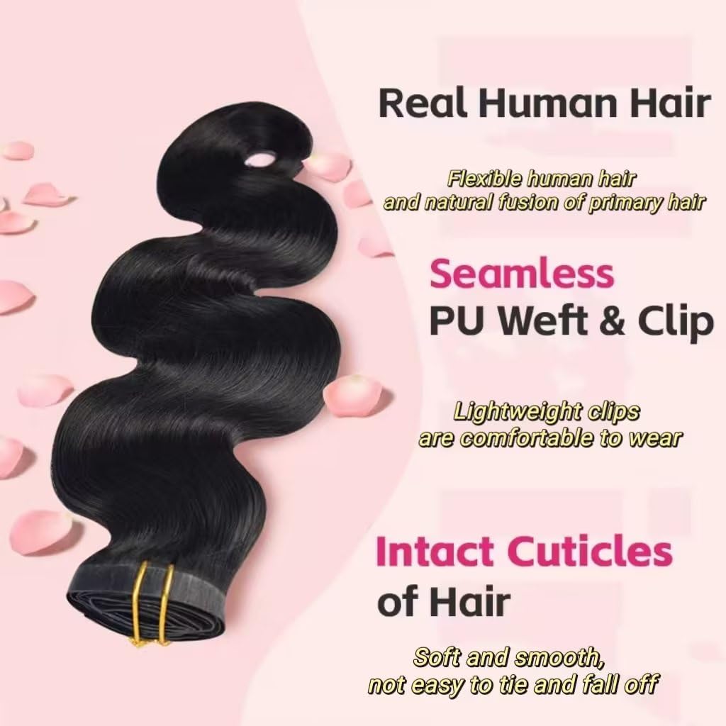 MYouan Seamless Body Wave Clip Ins PU Weft Clip In Hair Extensions Real Human Hair Clip Ins 16Inch 100% Unprocessed Human Hair Extensions 8pcs/set (20Clips120g)