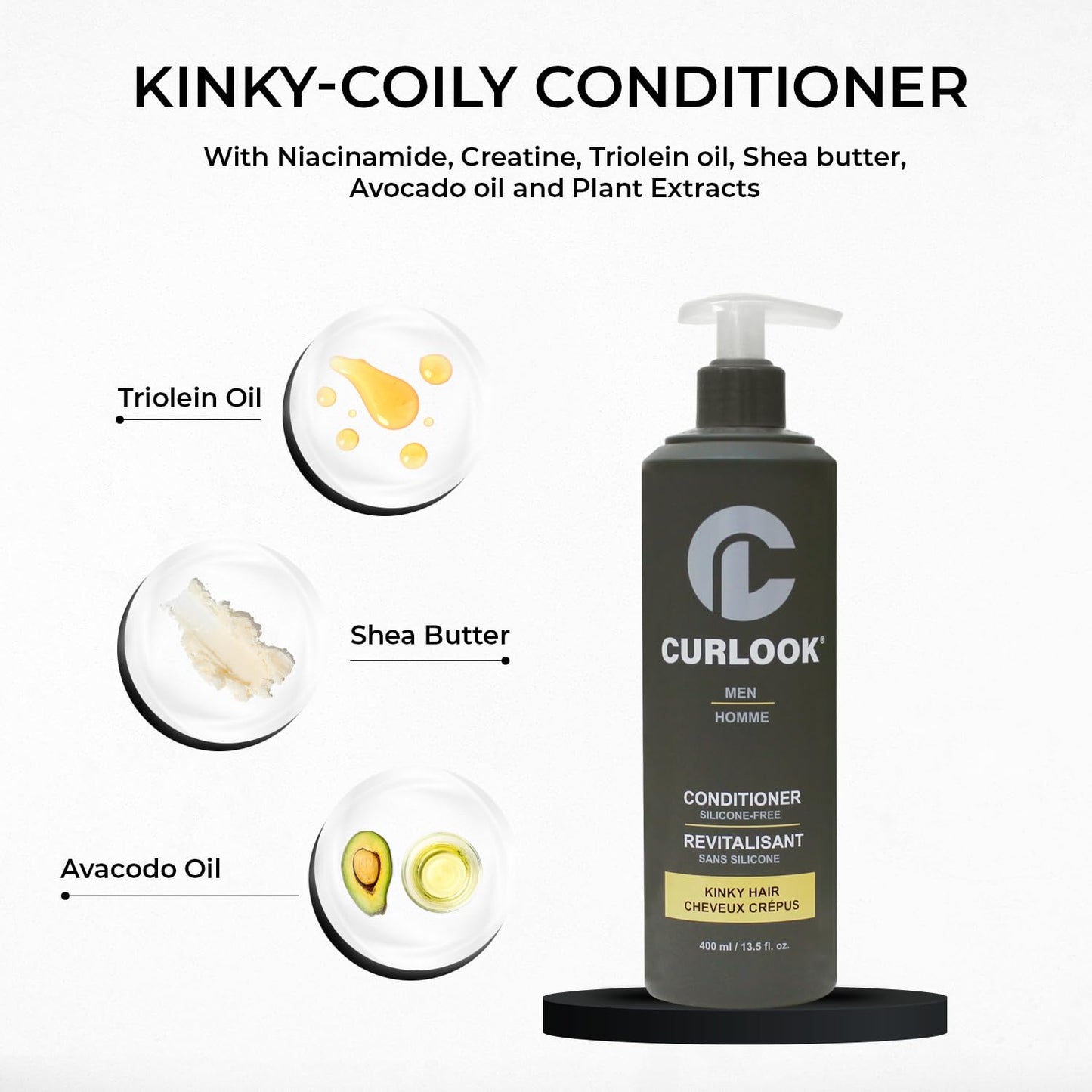 CURLOOK Kinky-Coily Hair Conditioner for Men | Silicone Free - 400ml (13.5 oz) | adds softness, and shine to help tame stubborn kinky hair | Made in Canada