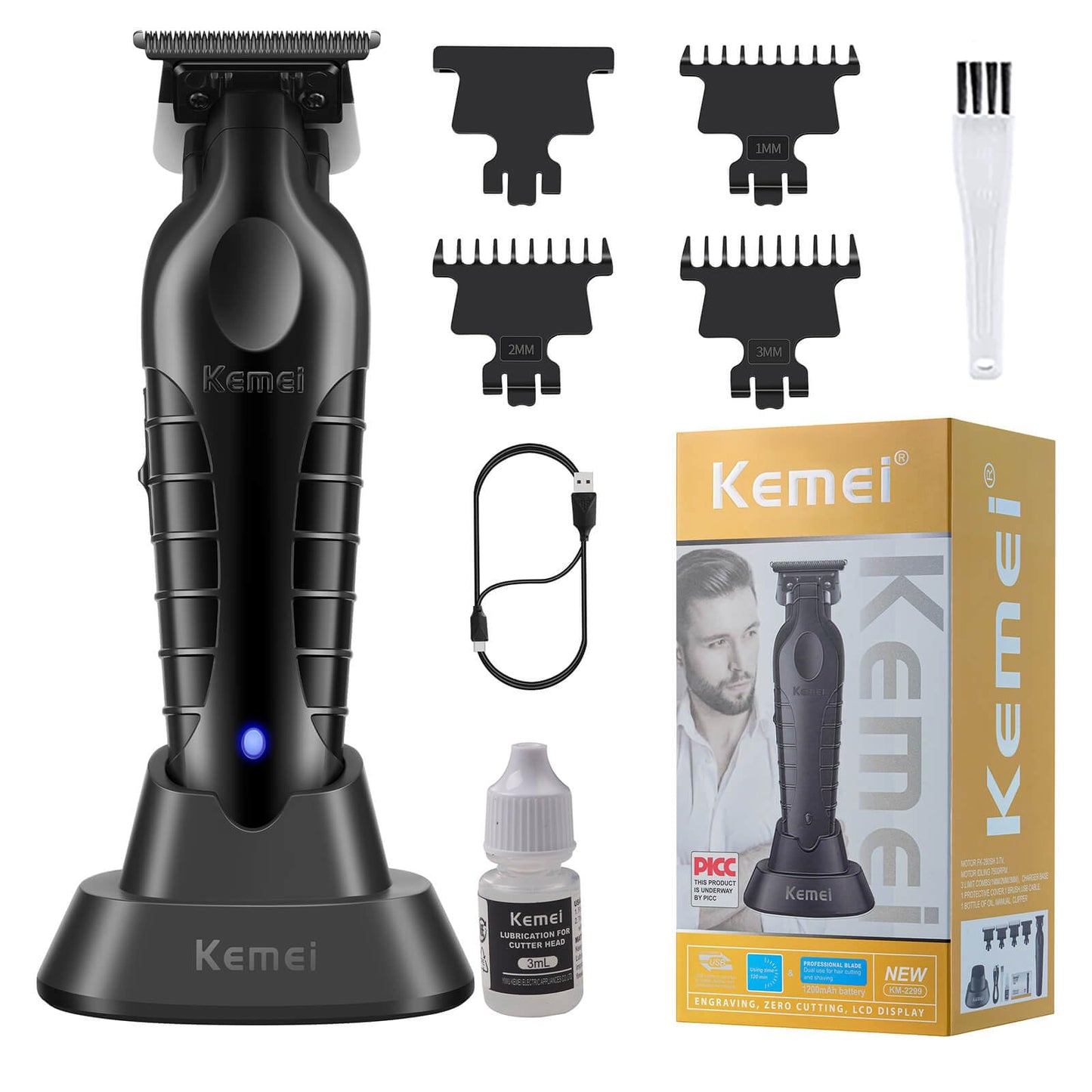 KEMEI PG2299 Hair Trimmer for Men with Charging Dock, Professional Cordless T-Blade Clippers for Edging & Lining, Barber Zero Gap Trimmers, USB Rechargeable Kit with Storage Base (Black)