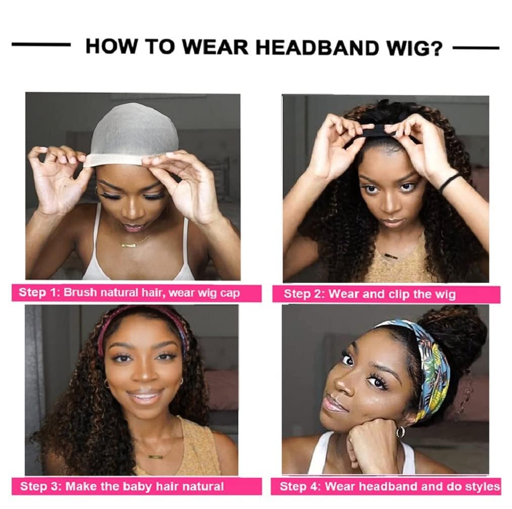 Youngirl Ombre Deep Wave Headband Wig Human Hair #4/27 Curly Headband Wigs for Black Women Human Hair Glueless None Lace Front Wigs Brazilian Virgin Hair Wig Machine Made 150% Density 12 Inch