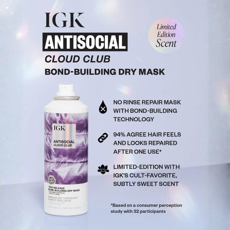 IGK Antisocial Cloud Club Dry Hair Mask | Limited-Edition Scent | Leave-In Dry Treatment, Repairs + Softens + Adds Shine | Vegan & Cruelty-Free | 5 oz