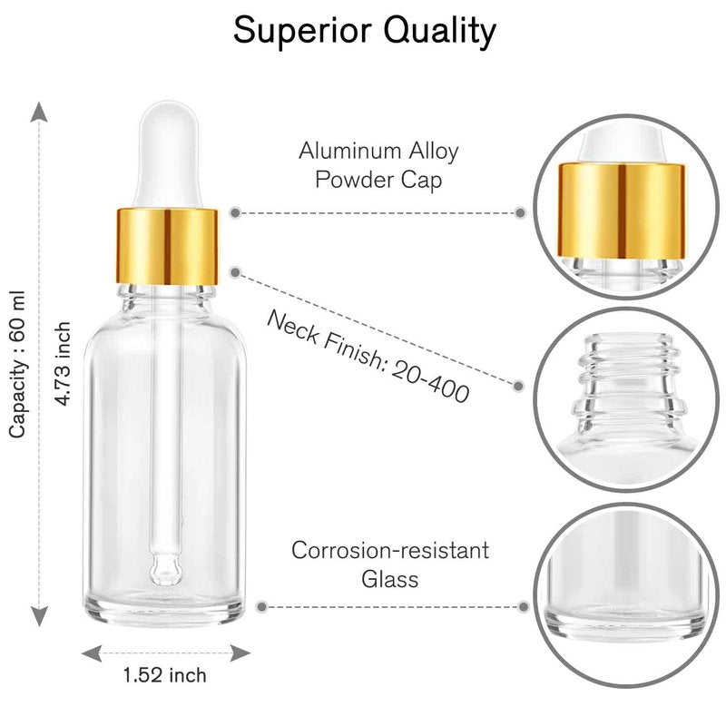 PrettyCare Glass Eye Dropper Bottle 2oz (60ml), 24 Pcs Clear Empty Thick Bottles Bulk with Leakproof Golden Caps - With Labels & Funnels for for Storage, Travel,Essential Oils, DIY Serums, Tincture
