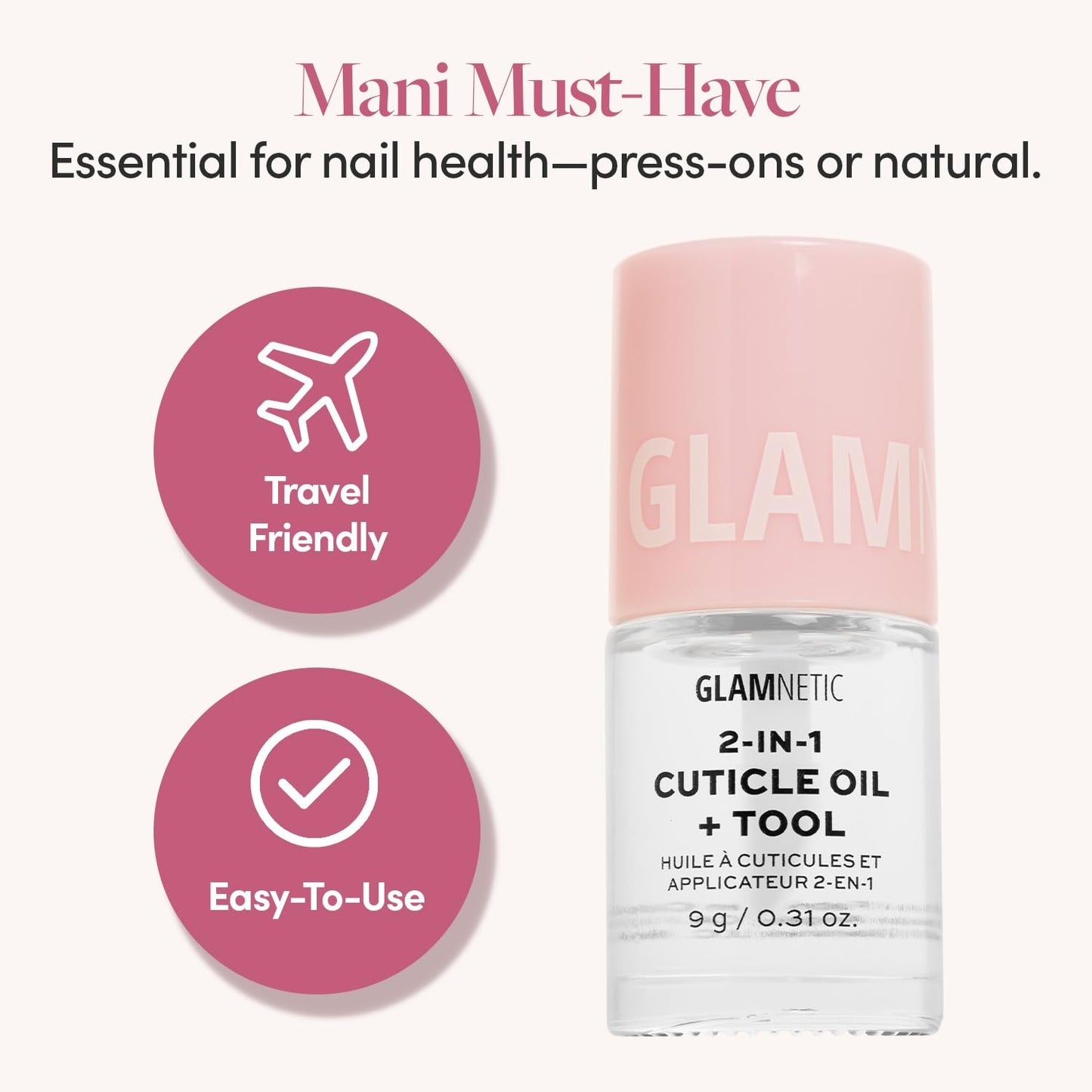 Glamnetic 2-in-1 Cuticle Oil | Nourishing Cuticle Serum & Cuticle Pusher For Healthy Nails | Overnight, Hyaluronic Acid - 0.31 Oz
