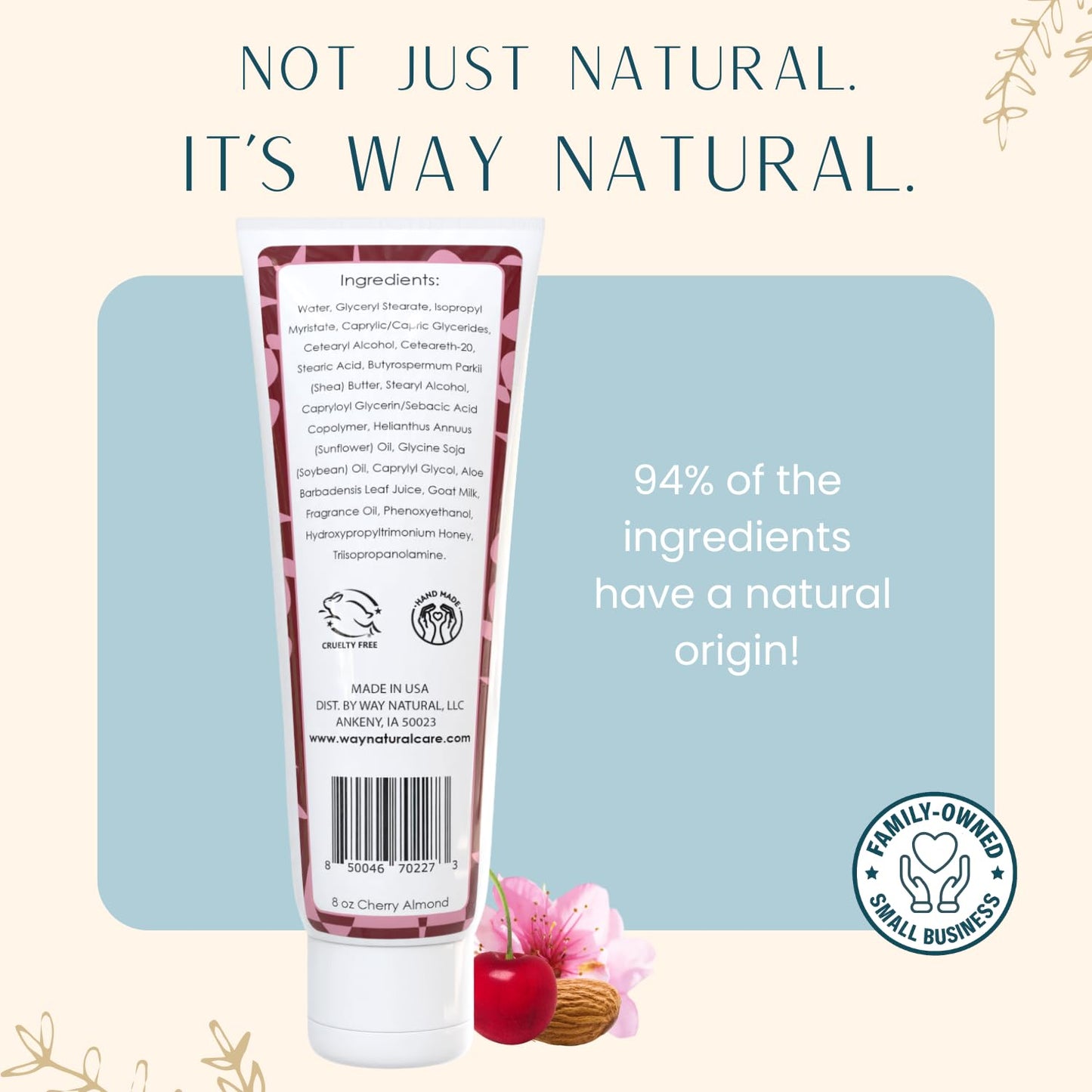 Way Natural Nourishing Goat Milk Lotion, Cherry Almond - Home & Away Set, Natural Hand & Body Cherry Almond Lotion for Dry Skin - Goat Milk Hand Cream for Women & Men - 8oz & 2oz Travel Size Tube