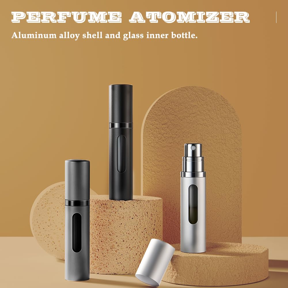 DIOHIO 5ml Perfume Atomizer Travel Refillable,Mini Cologne Dispenser, Bottom-Filling Fragrances Perfumes Bottle,Portable Sprayer Pocket Size for Women Men Cruise Car Trip Gift 2pcs (grey-silver)