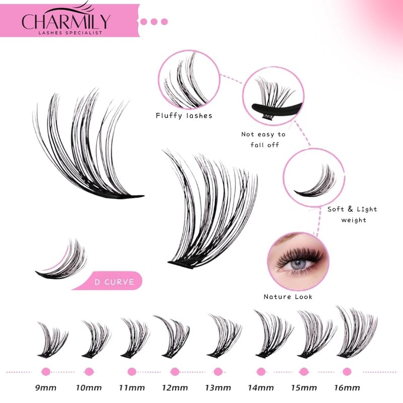 Charmily DIY Lash Extension Kit - 280pcs Lashes Clusters 0.07D 40D+50D Mix, 9-16mm D Curl Soft Wispy Lash Clusters with Bond, Seal, Remover & Tweezers for Easy at-Home Application Natural Look
