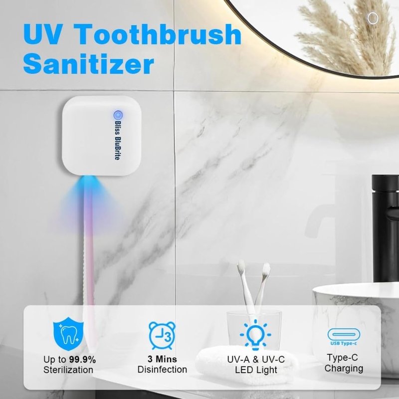 Bliss BluBrite Portable UV-C Toothbrush Sanitizer and Holder – Travel Case for Manual & Electric Toothbrush Heads – UV Light Cleaning Box – USB Rechargeable – Travel-Friendly