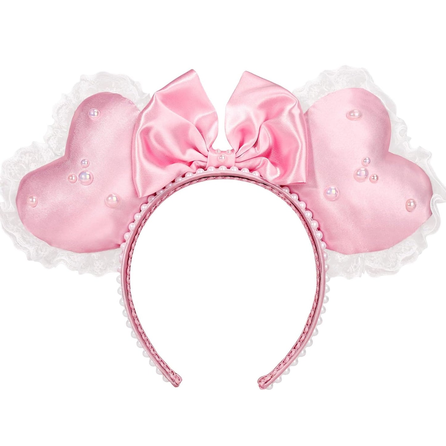 Pink Heart Coquette Headband - 3D Sweetheart Design with Pearl Lace Decor | Perfect for Valentine's Day Parties