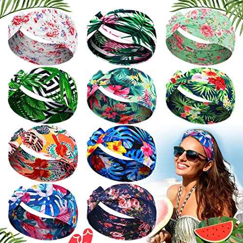 Jutom 10 Pcs Women's Headbands Beach Boho Headbands Summer Hawaii Knotted Hair Band Elastic Tropical Turban Floral Vintage Head Wrap Bohemian Twisted Criss Yoga Accessories for Women
