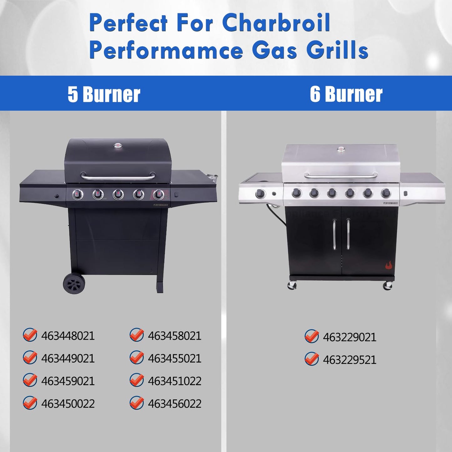 Grillflame 463448021 Grill Replacement Parts for Charbroil Performance 5 Burner Grill Parts 463449021 463229021 G327-2100-W1 G325-0002-W1 Heat Tents Burner Replacement Parts with Ignitor Wire