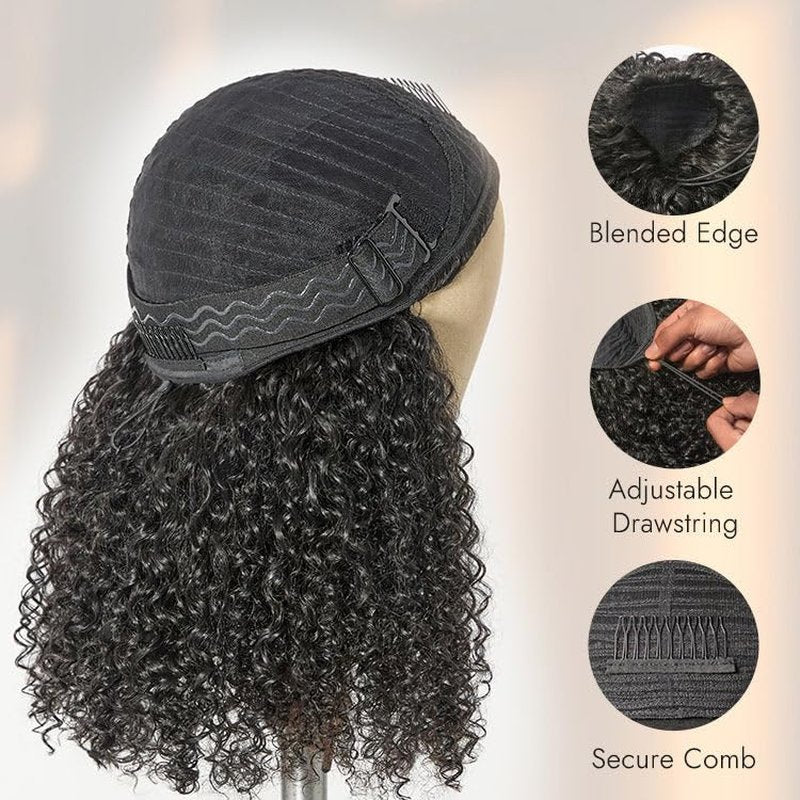 Afro Curly Half Wig - Synthetic Hair 20-Inch Glueless Flip Over | Beginner-Friendly Drawstring Headband Wig in Natural Black