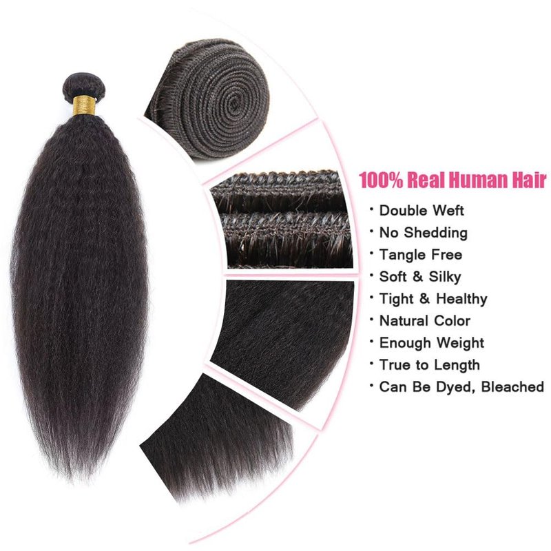 Yaki Straight Brazilian Virgin Human Hair Bundles, Thick 16 Inch Single Bundle 100g, Natural Black, Can Be Dyed, Kinky Straight Weave