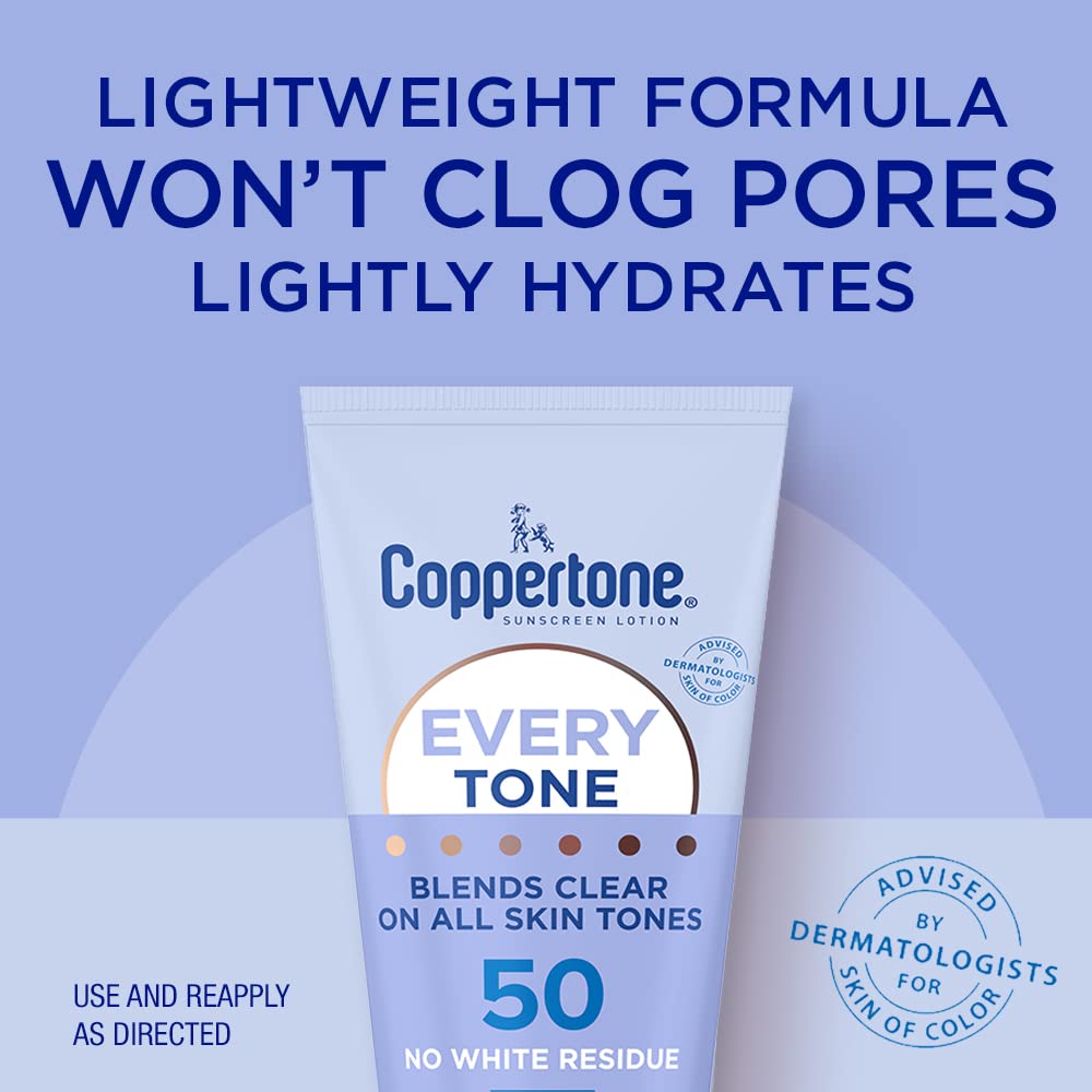 Coppertone Every Tone Sunscreen Lotion SPF 50, Lightweight, Rubs on Clear Sunscreen for All Skin Tones, Formulated with Nourishing Vitamin E, 7 Fl Oz Tube (Pack of 2)