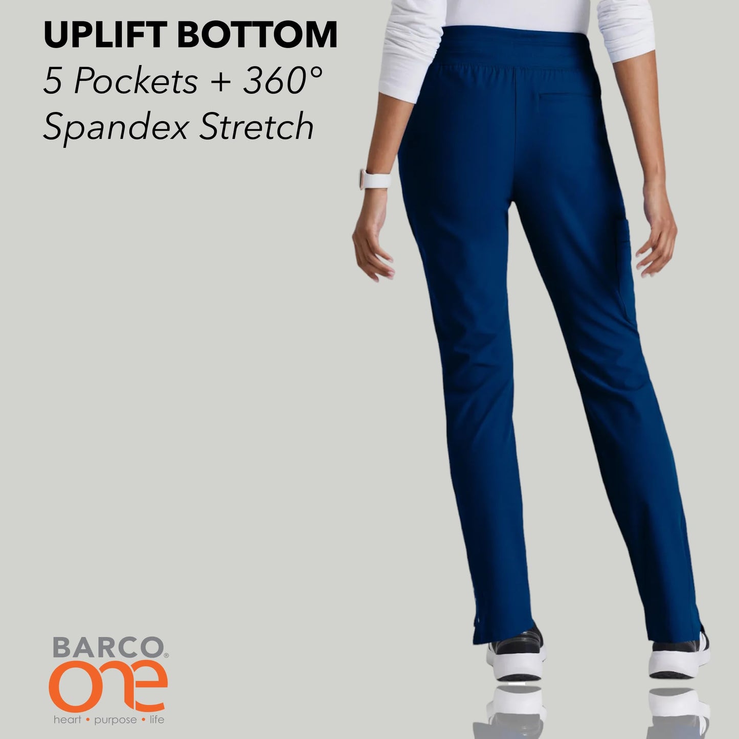 BARCO One Uplift Classic Fit Tapered Leg Scrub Pant for Women – Indigo, 5-Pocket Mid-Rise Scrub Bottoms w/ 360 Spandex Stretch – Moisture Wicking, Anti-Static & Quick Shed – Medium, Regular Fit