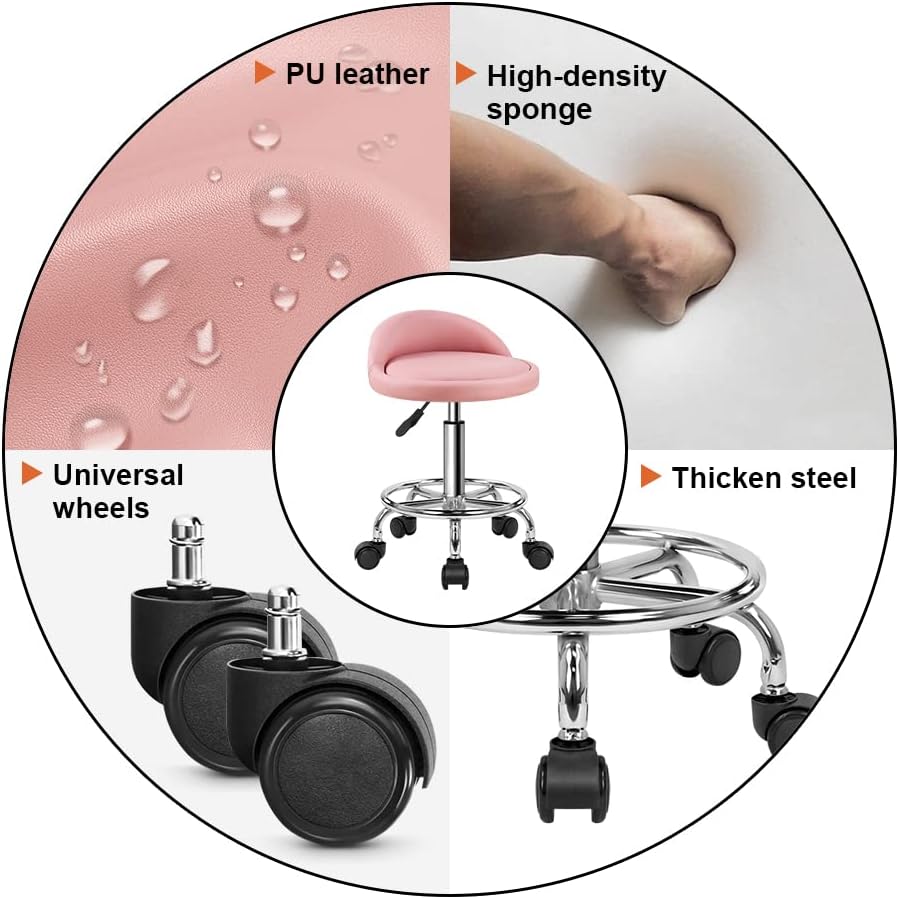 PU Leather Round Rolling Stool - Height Adjustable Swivel Drafting Chair with Foot Rest | Pink