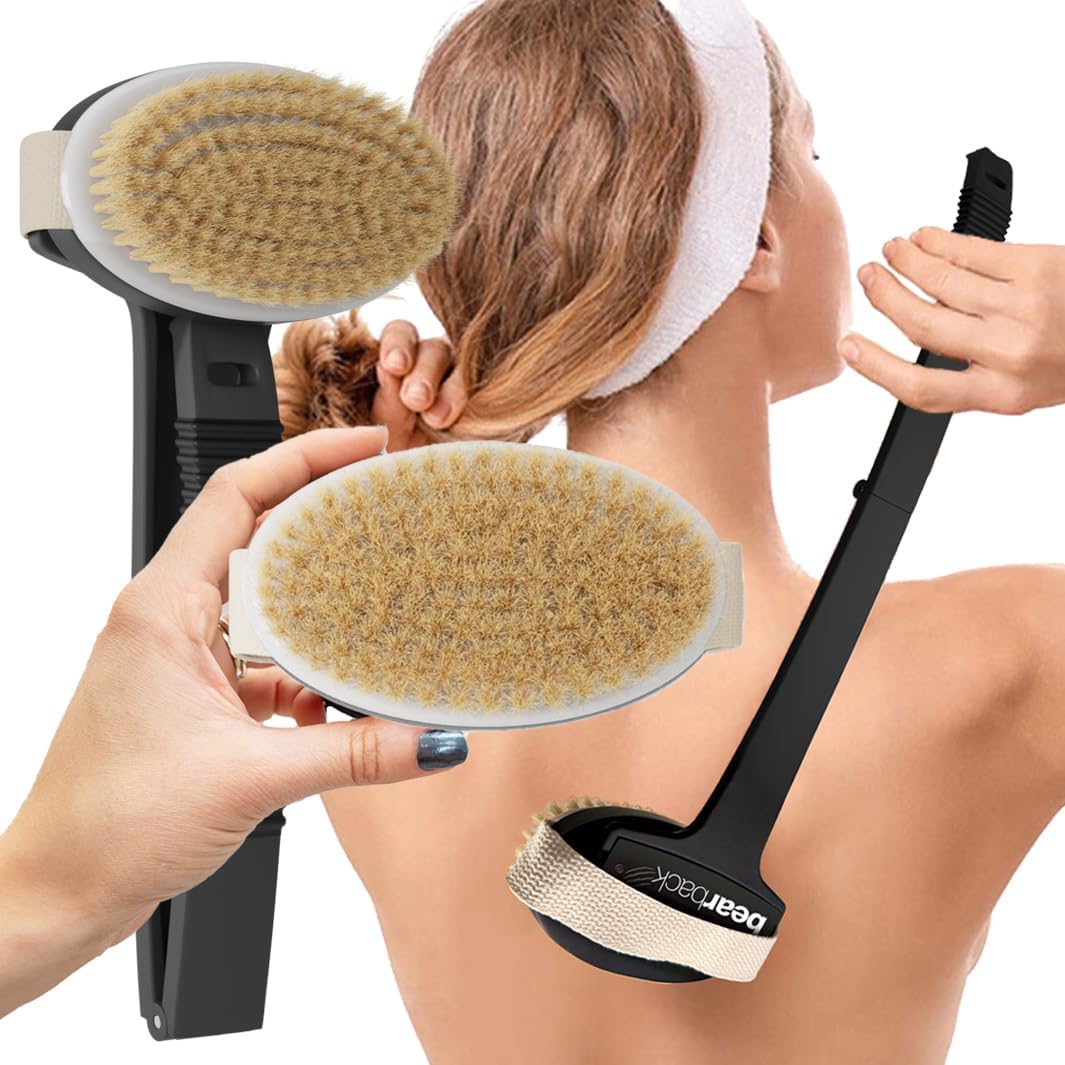 Bearback Dry Brushing Body Brush - Natural Bristles for Exfoliating | Long Handle & Removable Head