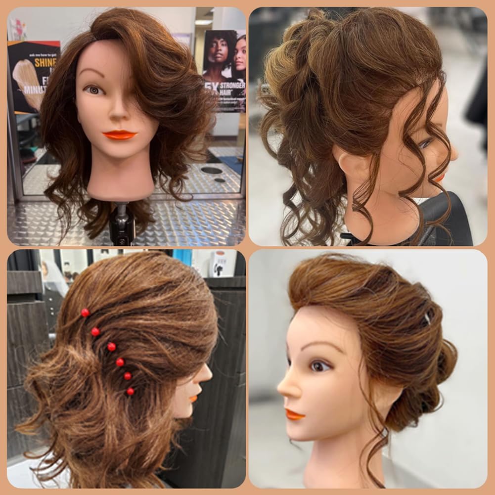 18'' Mannequin Head with Human Hair Cosmetology Manikin Doll Head with 100% Real Human Hair for Braiding Hairdresser Practice Styling with Free Table Clamp Stand