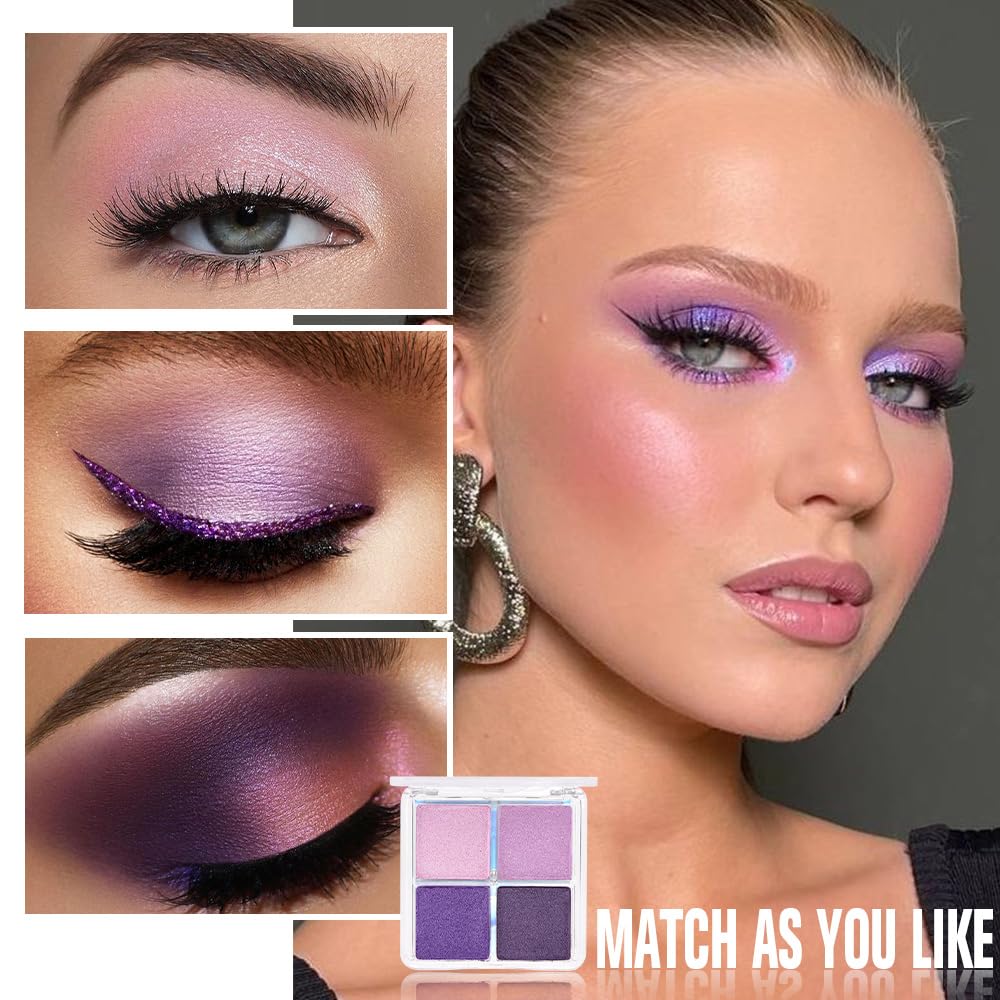 Lavender Purple Glitter Eyeshadow Quad - Pigmented Waterproof Makeup Palette for Older Women | Blendable & Cruelty-Free