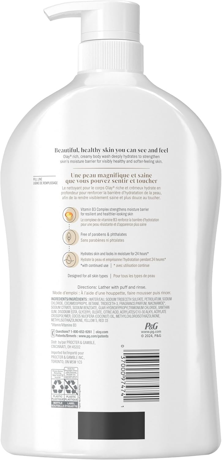 Olay Body Wash for Women, Ultra Moisture, 24hr Moisturizing, Hydrating & Refreshing, B3 Vitamin Complex, Free of Parabens & Phthalates, For All Skin Types, Coconut Oil Scent, 33 fl oz (Pack of 4)