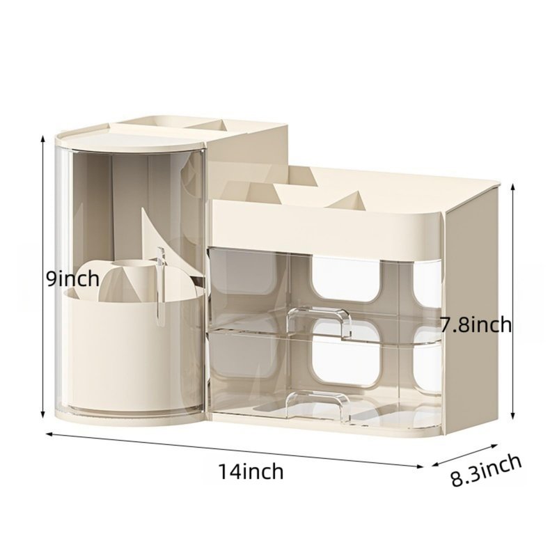 Makeup Organizer with Rotating Brush Holder Cosmetic Organizer with Drawers Countertop Skincare Organizer for Vanity,Cosmetic Display Case Storage (Cream, Large)