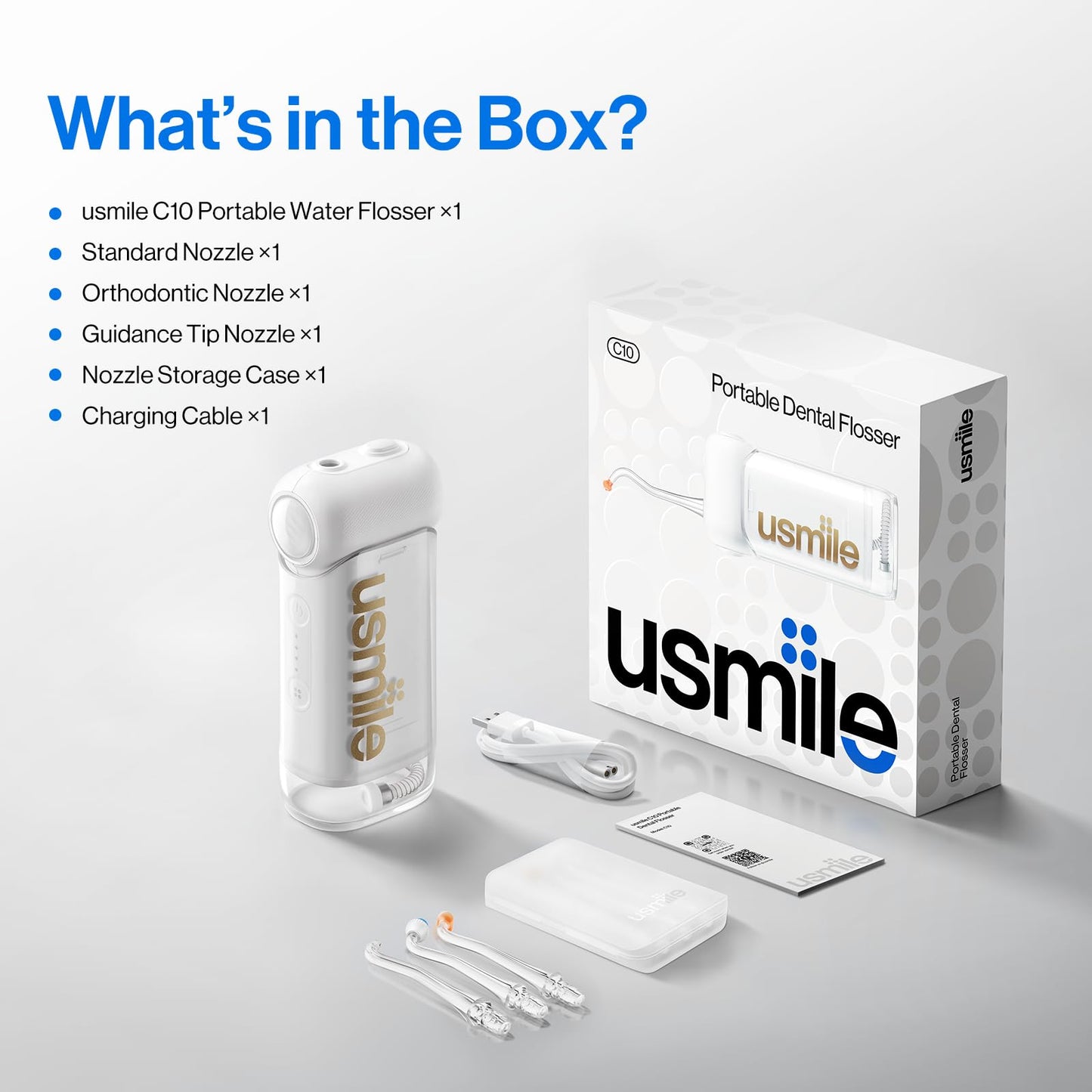 usmile C10 Portable Water Flosser for Travel – 95-Day Battery, 4 Modes, 360° Nozzle, 180ml Tank, IPX7 Waterproof, Dentist-Recommended for Braces, Implants & Sensitive Gums (White)