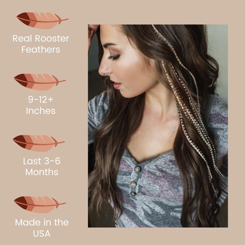 Natural Hair Feathers Kit - Real Rooster Feather Extensions for DIY Styling | Long Natural Colors, Pliers & Beads