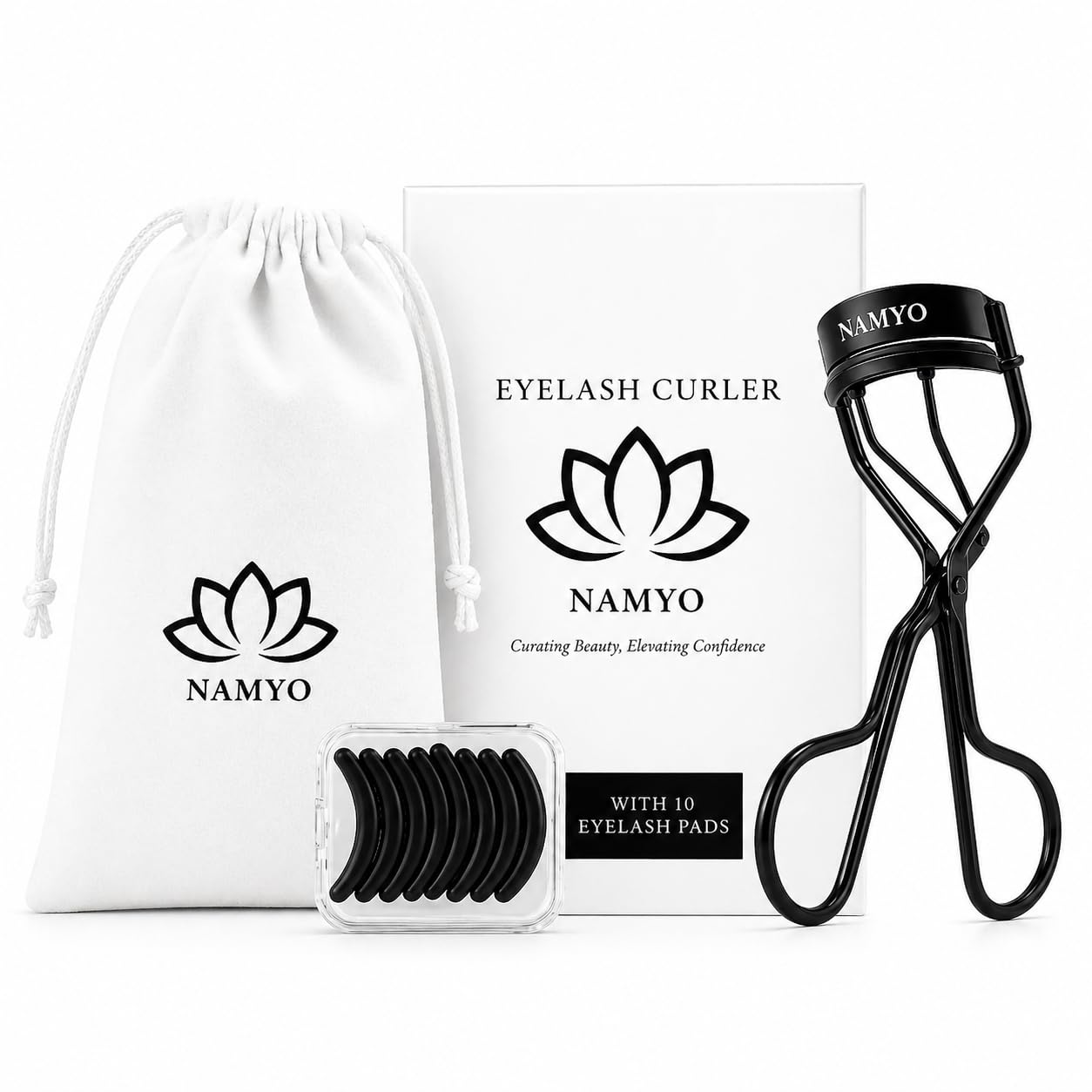 NAMYO Eyelash Curler – Precision Lash Curler for Almond, Hooded and Deep-Set Eyes with Ergonomic Handle and Refill Pad – Compact Travel Size - Grey