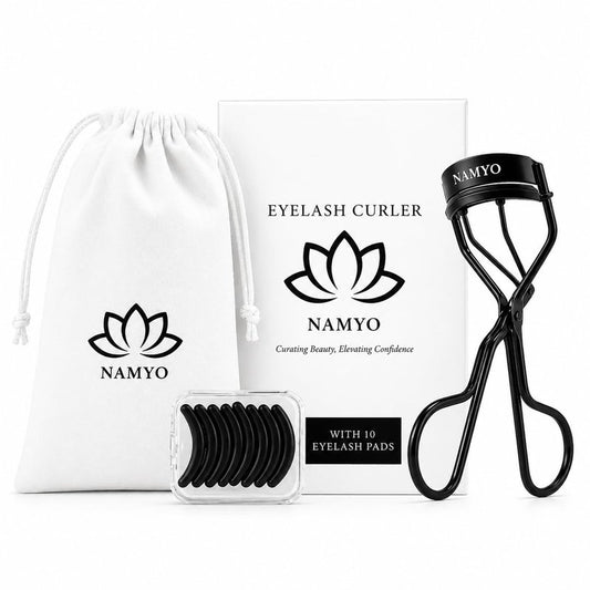 NAMYO Eyelash Curler – Precision Lash Curler for Almond, Hooded and Deep-Set Eyes with Ergonomic Handle and Refill Pad – Compact Travel Size - Grey