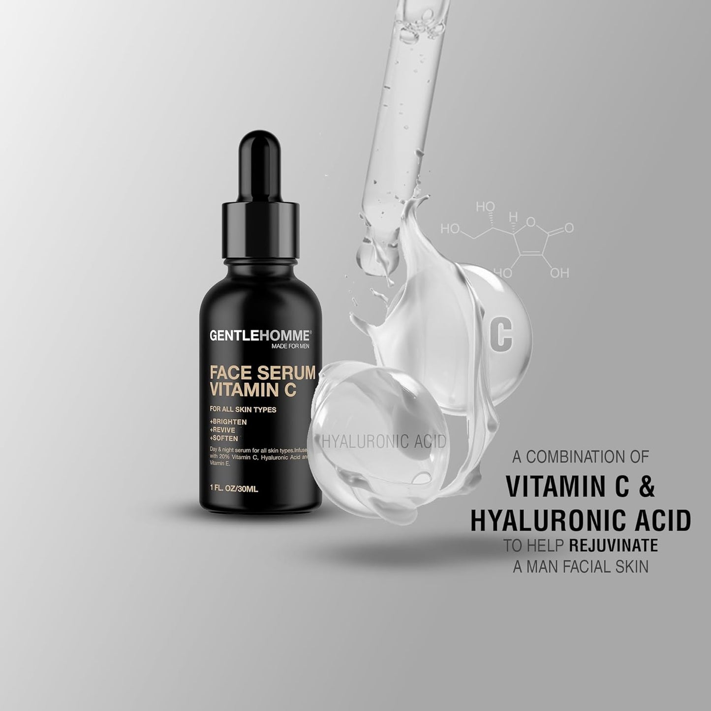 Vitamin C Face Serum for Men - 20% Vitamin C, Hyaluronic Acid & Vitamin E - Brightens & Revives Skin | 1oz
