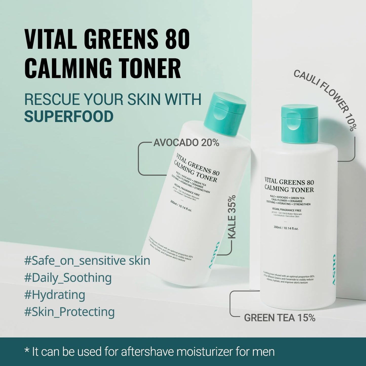 ASNO Vital Greens Calming Toner 300ml - Genderless Vegan Soothing Care for Acne, Pimple, Redness, Sensitive Skin, Superfood 80% + Ceramide, Hydrating Daily Facial Toner, Korean Skin Care