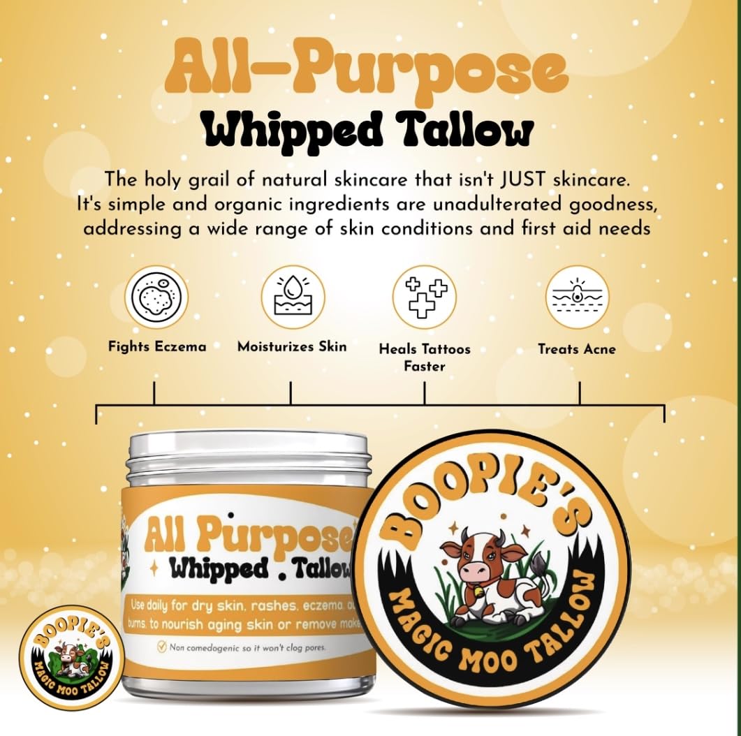 Magic Moo All Purpose Whipped Beef Tallow Skincare for Acne, Eczema, Dry Skin, Moisturizer, Stretch Marks & Hydration. Suet Tallow for Face with Organic Emu Oil. Contains All Organic Ingredients, 4oz