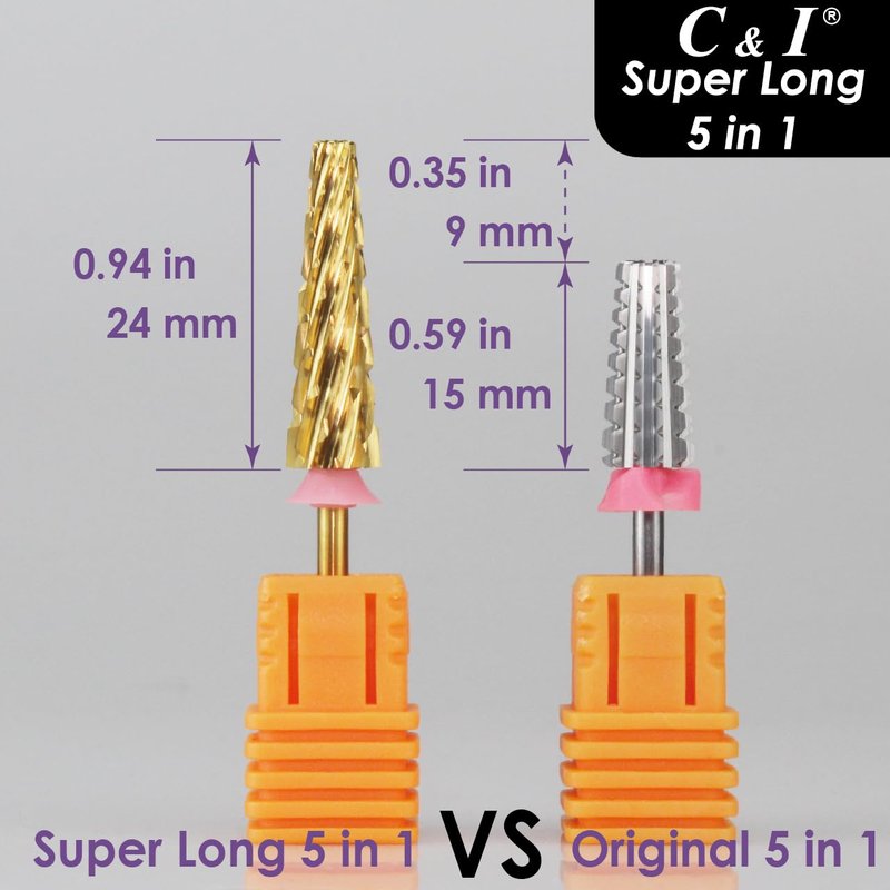 C & I Nail Drill Bit Upgrade 5 in 1 Super Long E-File for Manicure Drill Machine, Special Remove Extension Nails, Fake Acrylic Nails, Nail Gels, Cross Cut Efile for Nail Techs (Coarse -C)