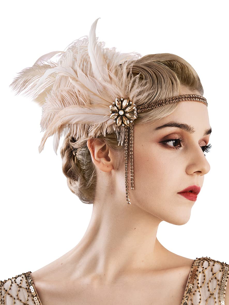 1920s Flapper Headpiece - Rhinestone Pearl Feather Hair Band | Great Gatsby Accessory for Women, Champagne