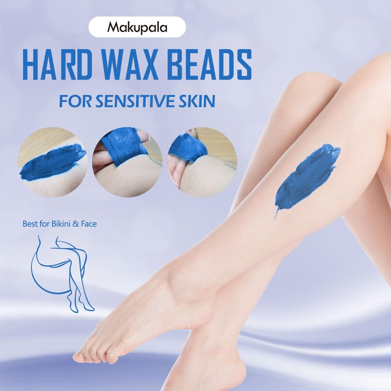 3LB Hard Wax Beads for Hair Removal, Blue Professional Stripless Wax for Coarse Hair, Bikini Brazilian Body Face, Sensitive Skin, Chamomile Scented, Salon & Home Waxing Refill with 5 Sticks