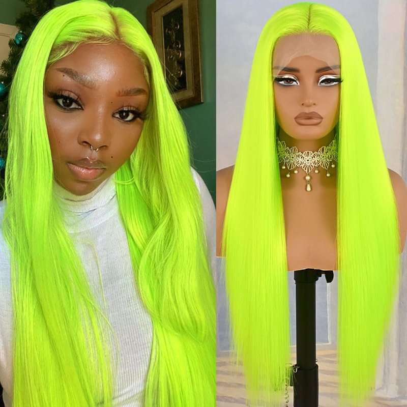 Aubree Fluorescent Green Wigs for Women Neon Green Long Straight Lace Front Synthetic Wigs with Baby Hair Glueless Heat Resistant Hair Replacement for Cosplay Party Christmas gift